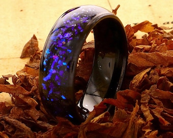 Blue Crushed Opal Tungsten Ring, 8mm Black Tungsten Wedding Band, Men’s Engagement Band, Handmade Tungsten Opal Ring, Women’s Wedding Ring