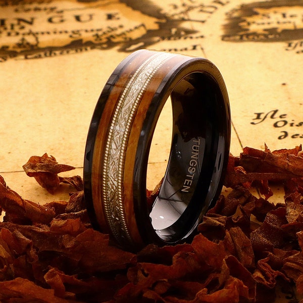 8mm Black Tungsten Ring with Double Koa Wood Inlay and Imitation Meteorite Accent, Men's Wedding Band, Unique Wooden Ring, Handmade Jewelry
