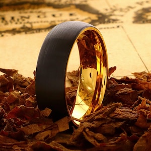 7mm Tungsten Ring, Yellow Gold Interior and Black Exterior, Mens Wedding Band, Modern Minimalist Jewelry, Durable Fashion Ring, Wedding Band