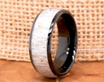 Tungsten Ring, Antler Ring, Antler Wedding Band, Wedding Ring,  Mens Tungsten Band, 8mm Wedding Band, Black Wedding Band, Personalized Ring