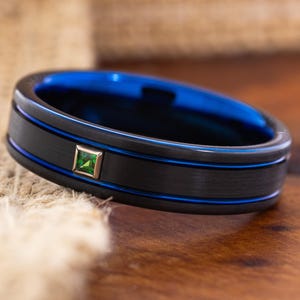 Blue and Black Grooved 6mm Tungsten Wedding Band with Princess Cut Birthstone of Choosing, Personalized Engraved Promise Ring for Him & Her