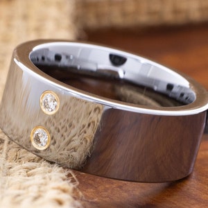 9mm Wide Polished Silver Tungsten Ring with Dual Diamonds, Customizable Birthstone Engagement Band for Him & Her, Engraved Birthstone Ring