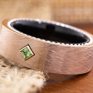 Flat Rose Gold Plated Personalized Tungsten Wedding Band with Roped Edges and a Princess Cut Birthstone of Your Choosing Set in a Gold Bezel