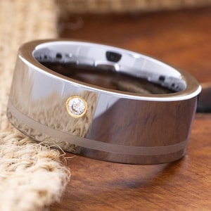 Silver 9mm Tungsten Carbide Ring with Diamond, Custom Gemstone Wedding Band, Birthstone Wedding Ring, Engraved Wedding Ring, Striped Ring