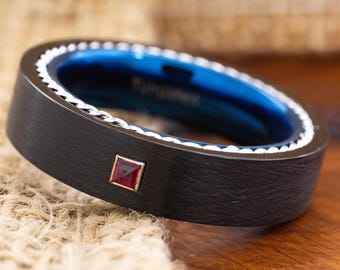 Röd rubin vigselring, 6 mm ädelstensvigselring, tvinnad repring, personlig ring för honom och henne