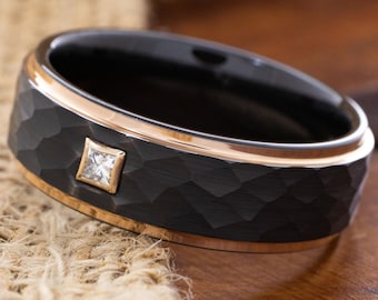 Black Hammered Tungsten Wedding Band, Diamond Engagement Wedding Ring, Rose Gold Ring, Gemstone Ring, 8mm Birthstone Ring for Him and Her