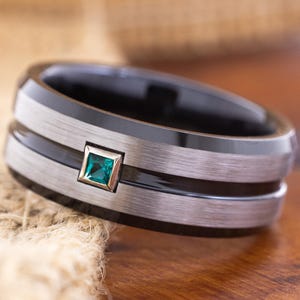 8mm Grooved Black and Silver Tungsten Carbide Wedding Ring with a Square Cut Gemstone, Custom Birthstone Engagement Ring for Him and Her