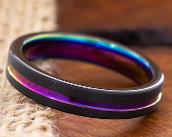 Rainbow Tone 5mm Black Tungsten Carbide Ring, Colorful Wedding Band for Him and Her, Custom Engraved Engagement Band for Him and Her