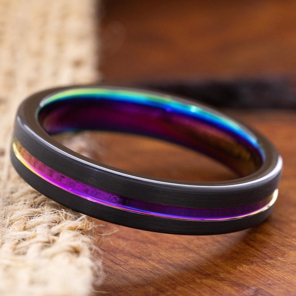 Regnbågsfärgad 5 mm svart volframkarbidring, färgglad vigselring för honom och henne, specialgraverad förlovningsring för honom och henne