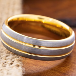 Yellow Gold Grooved Tungsten Carbide 8mm Ring, Yellow Gold Wedding Band for Him and Her, Gift for Him and Her, Engraved Personalized Ring