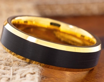 イエローゴールドとブラックのタングステンリング、6 mm タングステン結婚指輪、女性用結婚指輪、男性へのギフト、パーソナライズされたリング、カスタム刻印リング