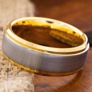 Yellow Gold Plated 8mm Tungsten Ring, Satin Tungsten Wedding Band, Promise Ring for Him and Her, Personalized Engraved Ring, Handmade Ring
