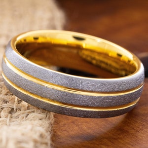 Yellow Gold Plated Tungsten Ring, Grooved 18k Gold Ring, Personalized Engraved Wedding Band for Him and Her, 8mm Engagement Ring