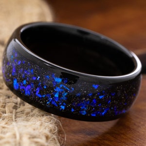 Blue Crushed Opal Tungsten Ring, 8mm Black Tungsten Wedding Band, Men’s Engagement Band, Handmade Tungsten Opal Ring, Women’s Wedding Ring