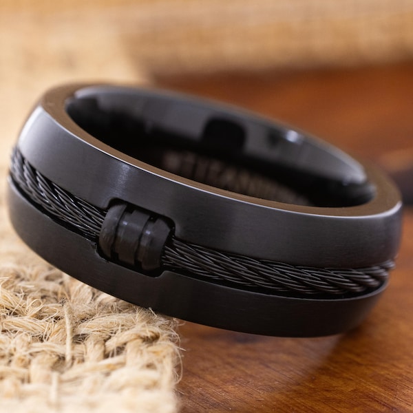Black Titanium Wedding Band with Locked Cable Inlay, 8mm Wedding Ring, Lightweight Ring, Customized Ring for Him and Her, Gift for Him