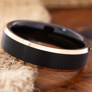 Rose Gold Wedding Band, Black Tungsten Ring, 6mm Tungsten Wedding Band, Women&#39;s Wedding Ring, Gift for Her, Personalized Ring, Handmade Ring
