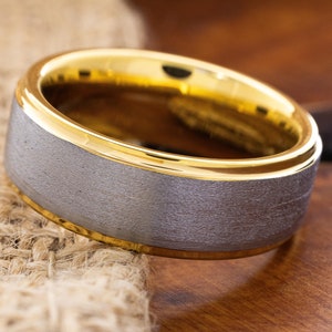 Yellow Gold Plated 8mm Tungsten Ring, Stone Finished Tungsten Wedding Band, Promise Ring for Him and Her, Personalized Engraved Ring