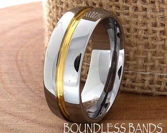 Tungsten Ring, Men's Tungsten Wedding Band, Silver Tungsten Ring, Yellow Gold Tungsten Ring, Tungsten Band, Single Grooved, High Polished