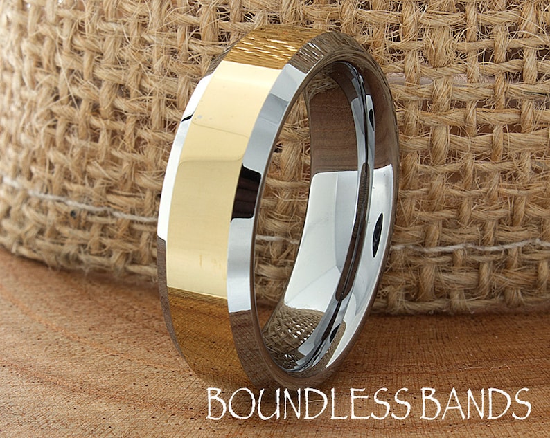 Gold Plated Tungsten Band 6mm Two Tone Ring Tungsten Band Ring Mens Ring Wedding Ring Laser Engraved Gold Tungsten Band Gold Ring Wedding