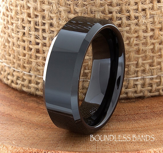 Black Tungsten Wedding Band, High Polished Beveled Ring, 8mm