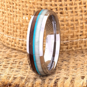 Tungsten Ring, 6mm Antler Turquoise Wood Ring, Mens Wedding Band, Wood Antler Ring, Anniversary Ring, Promise Ring, Engagement Ring