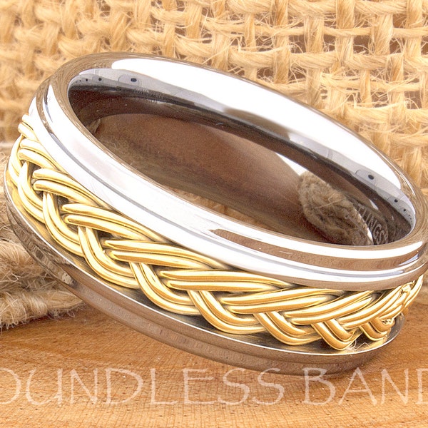 Tungsten Ring, Men's Tungsten Wedding Band, Men's Tungsten Ring, Tungsten Band, Tungsten, Men's Tungsten, Yellow Braided Ring, Men's Ring