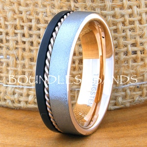 Rose Gold Tungsten Wedding Band, Tungsten Carbide Ring, Rose Gold Wedding Ring, Men & Women, Engagement Ring, Braided Ring, Tricolor, 7mm