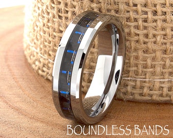 Navy Blue Carbon Fiber Inlay, Men's Tungsten Ring, Tungsten Ring, Men's Tungsten Band, Tungsten Wedding Ring, Men's Ring, Tungsten Band, 6mm