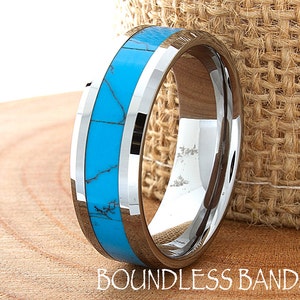 Turquoise Wedding Band Flat High Polished Beveled Customized Tungsten Band Any Design Laser Engraved Ring Mens Turquoise Ring Modern New 8mm