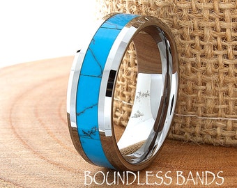 Turquoise Wedding Band Flat High Polished Beveled Customized Tungsten Band Any Design Laser Engraved Ring Mens Turquoise Ring Modern New 8mm