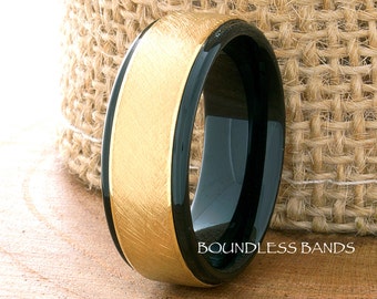 Tungsten Ring, Men's Tungsten Wedding Band, Black Tungsten Ring, Yellow Gold Tungsten Ring, Tungsten Band, Personalized Ring, Stepped Edges