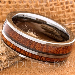 Wood Inlay Ring Silver Tungsten Ring Wood Wedding Band Dome Wedding Ring Promise Ring Women Men Tungsten Ring 8mm Free Engraving Custom Made image 3