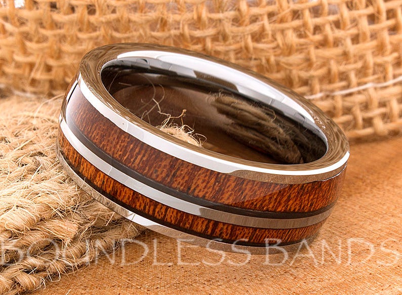 Wood Inlay Ring Silver Tungsten Ring Wood Wedding Band Dome Wedding Ring Promise Ring Women Men Tungsten Ring 8mm Free Engraving Custom Made image 3