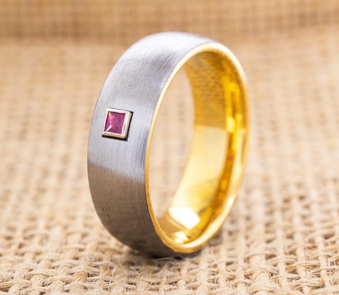 Silver and Yellow Gold Tungsten Carbide Ring With Customized Birthstone ...