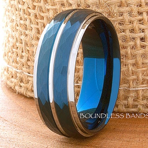 Tungsten Ring Wedding Band Hammered Dome Silver Blue Band 8mm Men's Women's Tungsten Promise Ring Anniversary Ring Promise Ring Comfort Fit