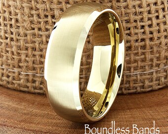 Tungsten Ring, Men's Tungsten Wedding Band, Yellow Gold Tungsten Ring, Tungsten Band, Personalized Ring, Domed High Polished Customized Ring