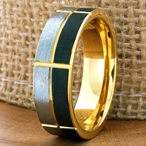 Tungsten Ring, Men's Tungsten Wedding Band, Black Tungsten Ring, Yellow Gold Tungsten Ring, 7mm Men's Band Two Tone Silver Flat Slanted