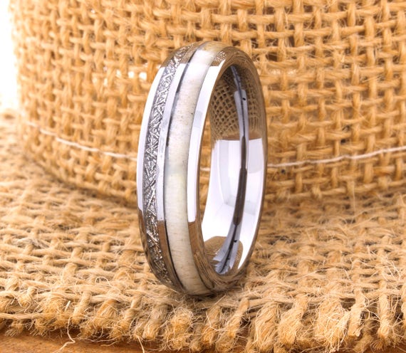 Tungsten Ring Tungsten Wedding Ring Band Meteorite Deer Antler | Etsy