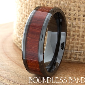 Wood Ceramic Wedding Band Black Wood Wedding Ring 8mm Mens Womens Wood Anniversary Ring Custom Laser Engraved High Polished Beveled His Hers