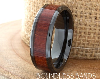 Wood Ceramic Wedding Band Black Wood Wedding Ring 8mm Mens Womens Wood Anniversary Ring Custom Laser Engraved High Polished Beveled His Hers