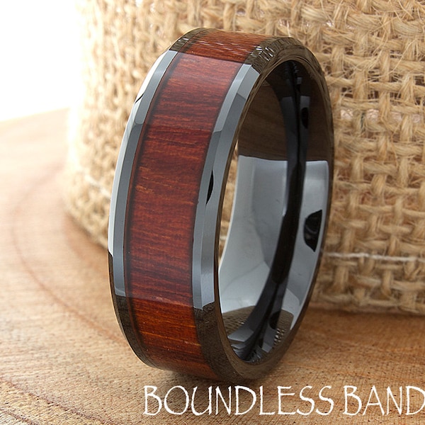 Wood Ceramic Wedding Band Black Wood Wedding Ring 8mm Mens Womens Wood Anniversary Ring Custom Laser Engraved High Polished Beveled His Hers
