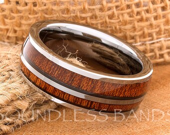 Hawaiian Koa Wood Inlay Ring Double Wood Inlay Tungsten Ring Wedding Band Dome Wedding Ring Promise Ring Women Men Tungsten Ring 8mm  New