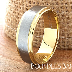 Tungsten Ring, Men&#39;s Tungsten Wedding Band, Silver Tungsten Ring, Yellow Gold Tungsten Ring, Tungsten Band, Stepped Two Tone Gold 8mm Ring