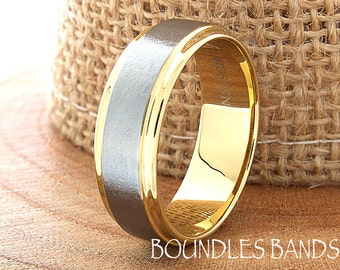 Tungsten Ring, Men's Tungsten Wedding Band, Silver Tungsten Ring, Yellow Gold Tungsten Ring, Tungsten Band, Stepped Two Tone Gold 6mm Ring