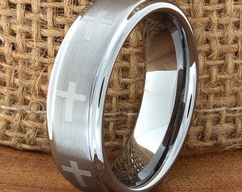 Men's Tungsten Ring, Tungsten Ring, Men's Tungsten Band, Tungsten Wedding Ring, Men's Ring, Crosses, Silver Men's Ring, Personalized Ring