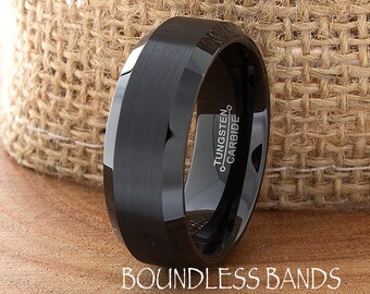 Black Tungsten Band Beveled 8mm Custom Laser Engraved Tungsten Anniversary Ring Couple Wedding Ring Mens Womens Ring Brushed Black His Hers