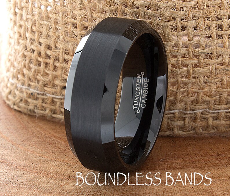 Black Tungsten Band Beveled 8mm Custom Laser Engraved Tungsten Anniversary Ring Couple Wedding Ring Mens Womens Ring Brushed Black His Hers image 1