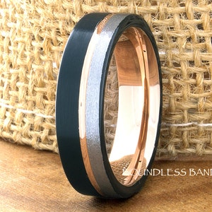 Rose Gold Tungsten Wedding Band, Satin Tungsten Carbide Ring, Black Wedding Ring, Men & Women, Engagement Ring, Personal Engraving, 6mm