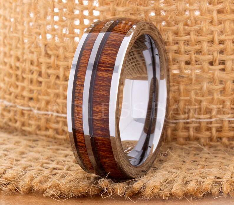 Wood Inlay Ring Silver Tungsten Ring Wood Wedding Band Dome Wedding Ring Promise Ring Women Men Tungsten Ring 8mm Free Engraving Custom Made 画像 2