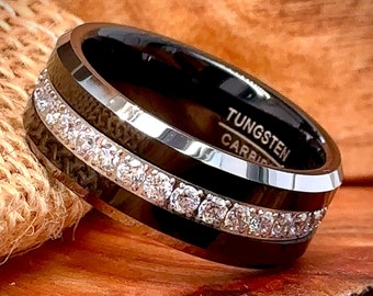 Tungsten Ring, Tungsten Ring With Stone CZ, Mens Tungsten Ring, Black Tungsten Ring, Tungsten Ring For Men, Tungsten Wedding Band 8mm, Ring